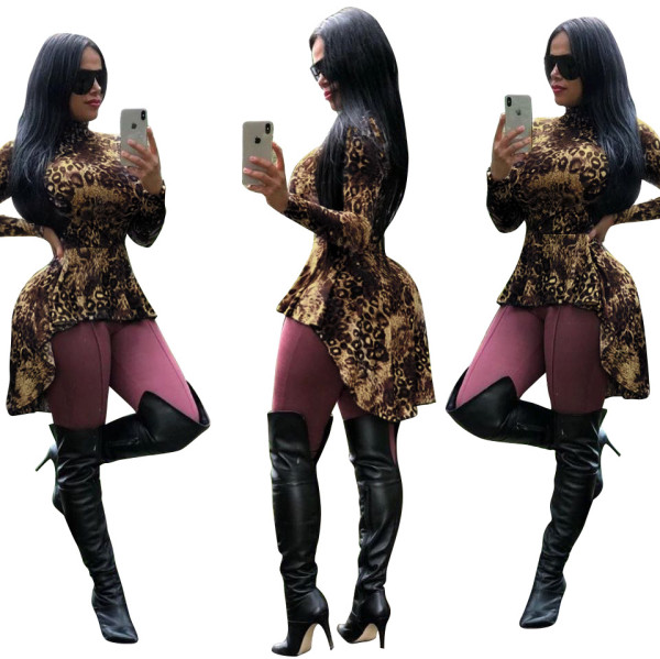 Long sleeve irregular leopard print blouse FM1242