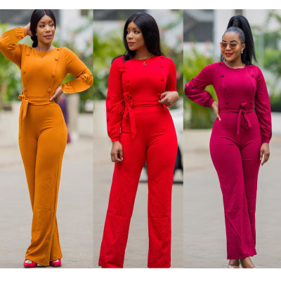 Women Button Deco Plain Color Long Sleeved Jumpsuit With Belt T3397