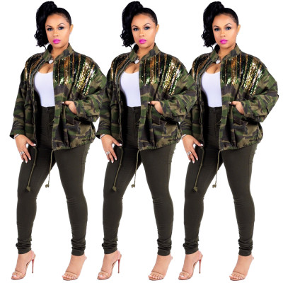 Camouflage Long Sleeve Coat With Sparkle Glam Striped Sequin Q160