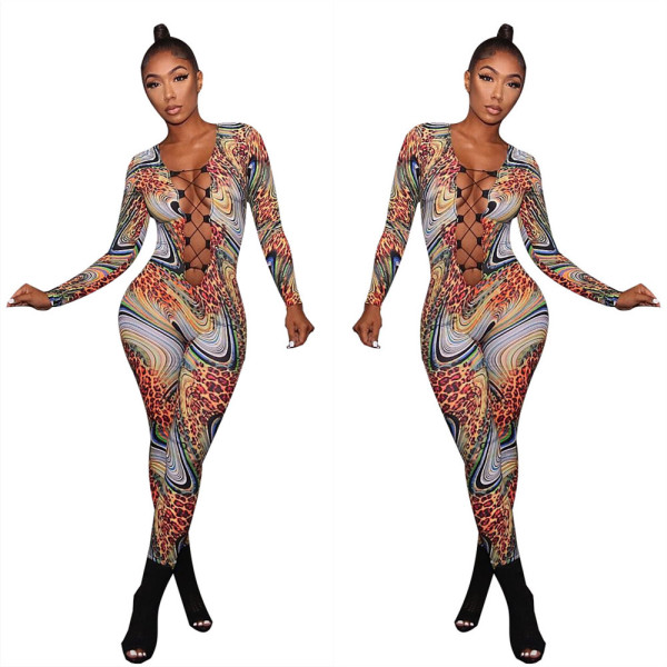 Newest Bandage Leopard Print Bodycon Jumpsuit For Lady YZ1597