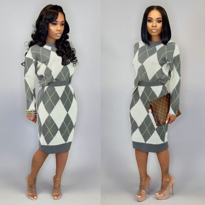 Warm Elegant 2 Pieces Rhomboids Pattern Sweater Skirts Sets MA6292