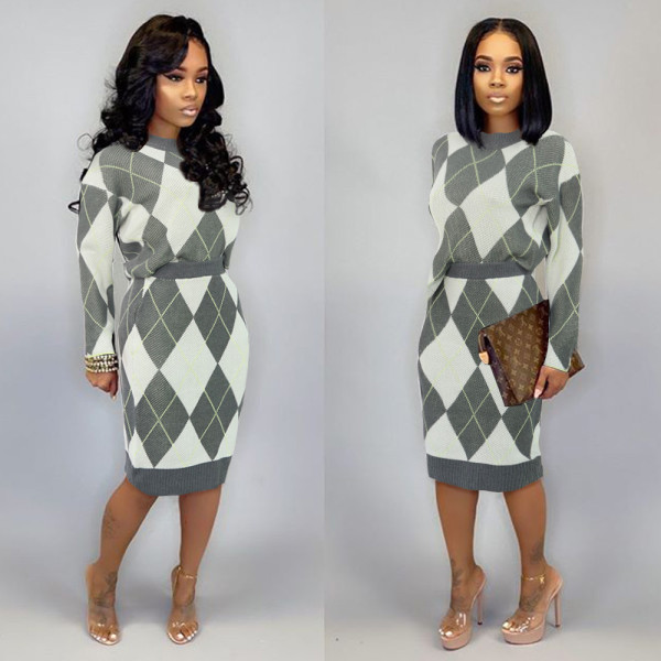 Warm Elegant 2 Pieces Rhomboids Pattern Sweater Skirts Sets MA6292