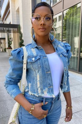 New short frayed denim jacket women puff sleeve denim jacket CJ911