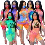 Women's tie-dye round neck casual fashion home sports shorts suit (including mask) ZSC0297