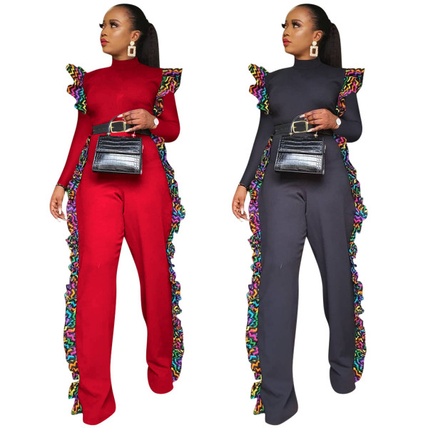Online Sale Red/Black Ruffle Long Sleeve Straight Jumpsuit QQM3894