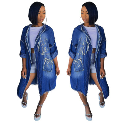 Cardigan Hooded Dress Casual Denim Long Coat SMR9421