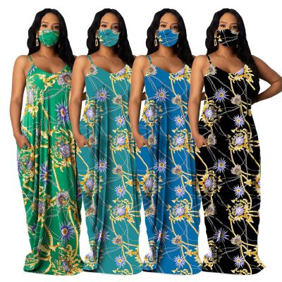 Sexy Digital Printed Suspenders Backless Loose Long Dress SMR9646