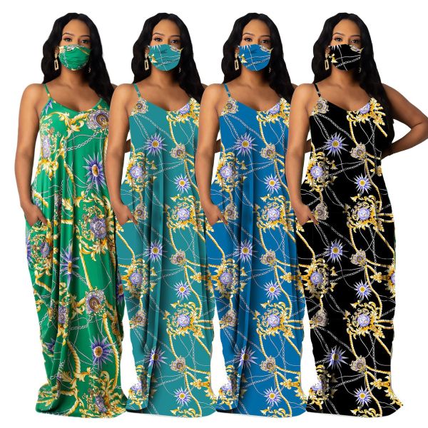 Sexy Digital Printed Suspenders Backless Loose Long Dress SMR9646