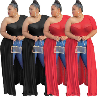 Sexy Mesh Slash Neck Short Sleeves Plus Size Split Long Dress GL6287