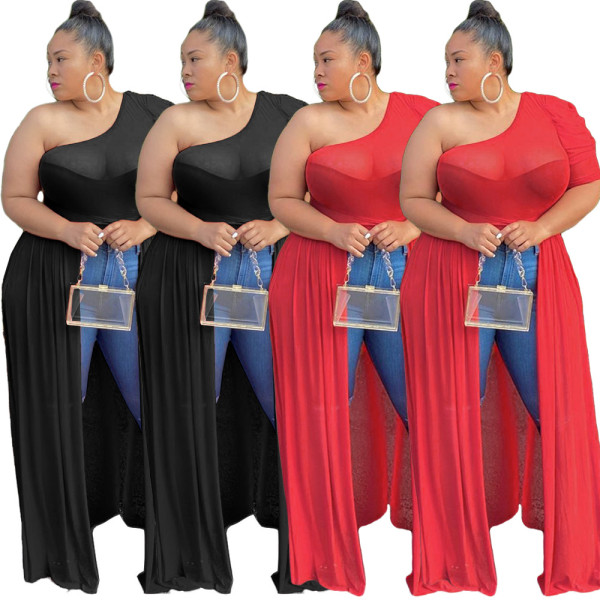 Sexy Mesh Slash Neck Short Sleeves Plus Size Split Long Dress GL6287