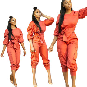 New Arrival Solid Bishop Sleeves Pleated Belt Jumpsuit ML7136