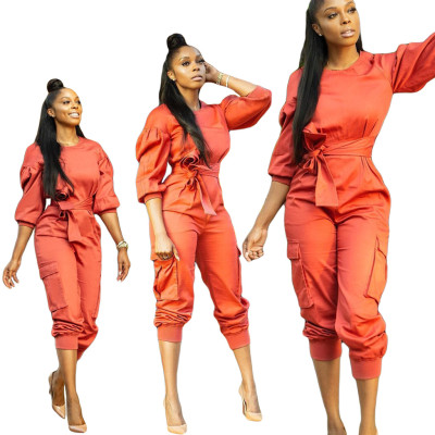 New Arrival Solid Bishop Sleeves Pleated Belt Jumpsuit ML7136