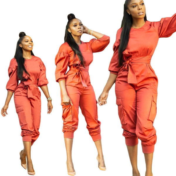 New Arrival Solid Bishop Sleeves Pleated Belt Jumpsuit ML7136