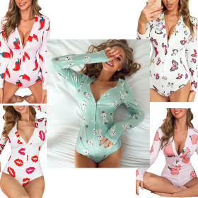 Women's Home Casual Long Sleeve Printed Jumpsuit Pajamas KZ121