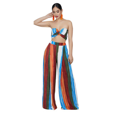 Sexy printed striped wrapped chest umbilical loose pants two-piece CL6008