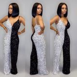 Sparkle Glam V Neck Clubwear Ladies Condole Belt Sequin Jumpsuit K8861
