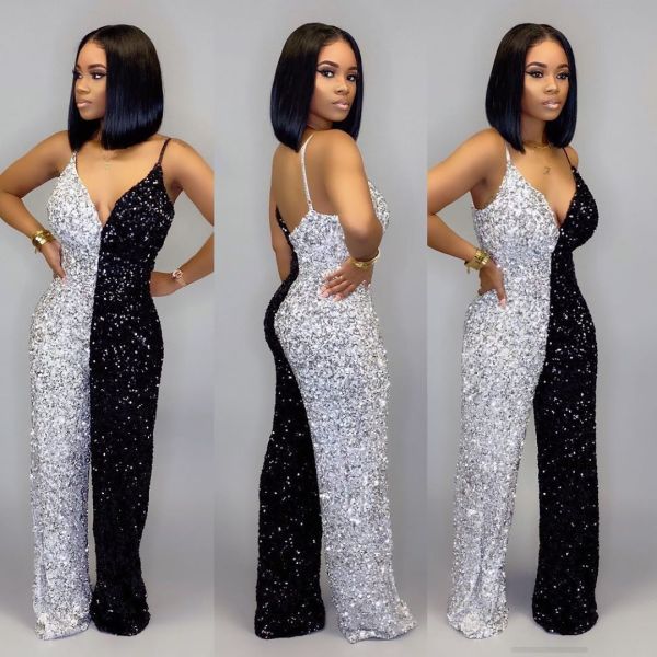 Sparkle Glam V Neck Clubwear Ladies Condole Belt Sequin Jumpsuit K8861