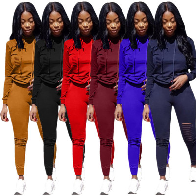 Hollow Out Pants With Solid Color Hoddies 2 Pcs Sets DN8140