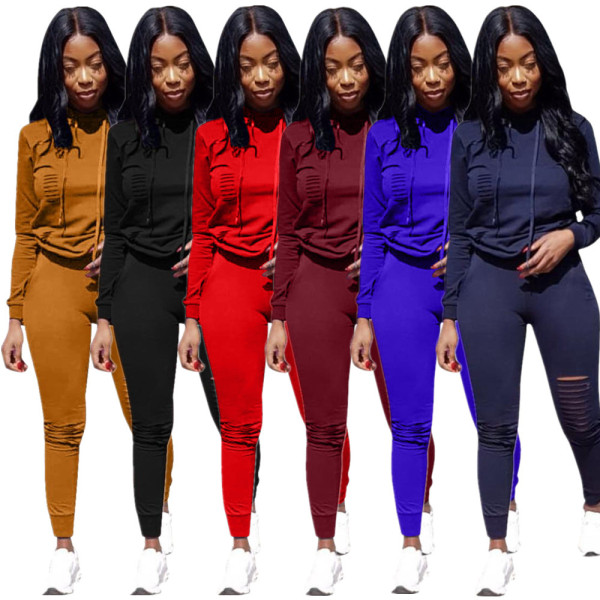 Hollow Out Pants With Solid Color Hoddies 2 Pcs Sets DN8140
