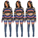 Color Block Suits Hooded Crop Top Bodycon Striped Shorts YS209