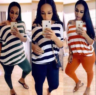 Fashion Striped Printed Round Neck Short Sleeves T-Shirt With Trousers Two Piece Sets CQ021