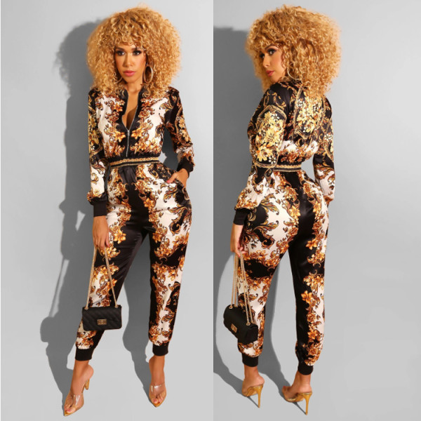 Mature Women Zipper Mid Waist Printing Autumn Jumpsuit DF0695