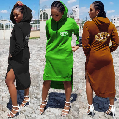 Factory Price Irregular Solid Color Hooded Dress For Ladies F8142