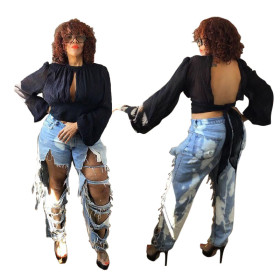 Fashion personality, big hole, washed, nostalgic, white, no elastic, straight trousers HSF2100