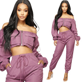 Off Shoulder Long Sleeve Zipper Crop Top Elastic Skinny Pants D8195
