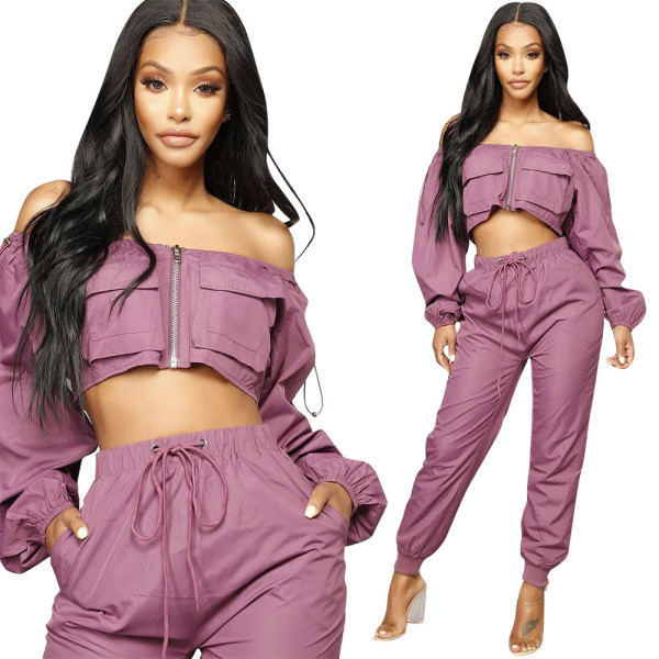 Off Shoulder Long Sleeve Zipper Crop Top Elastic Skinny Pants D8195