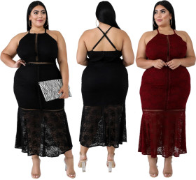 Plain Color Lace Perspective Spaghetti Strap Oversize Dress QZ4080