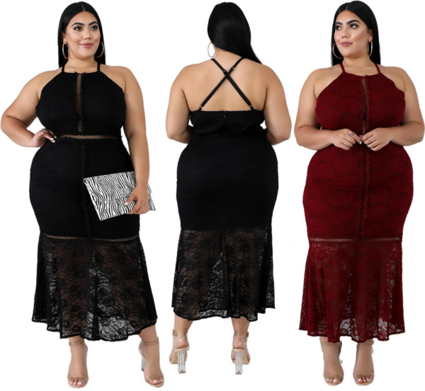 Plain Color Lace Perspective Spaghetti Strap Oversize Dress QZ4080