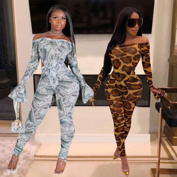 Mesh printing one shoulder horn sleeve two-piece YMZ2483