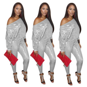 Fashion Sequin Outfits Oblique Shoulder Top Skinny Pants YYZ717