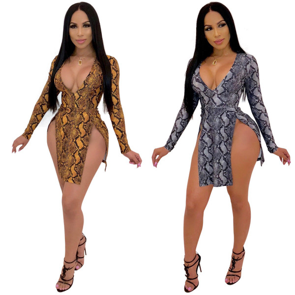 Deep V Neck Print High Cut Sexy Mini Dress X9084