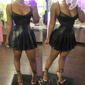 Pu Leather Pleated Skirt LS6305