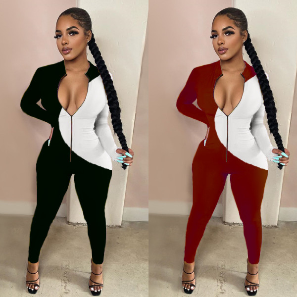 Sexy Contrast Stitching Zipper V-Neck Long Sleeves Bodycon Jumpsuit FS3566