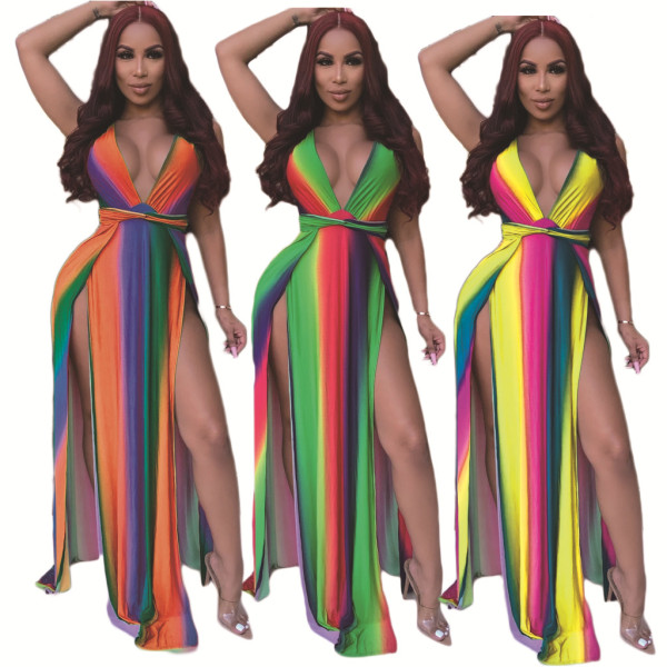 Sexy High Split Multicolor V Collar Long Dress AMM8165