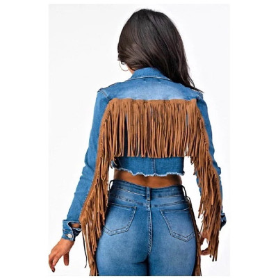 Denim Long Sleeved Casual Ladies Short Coat With Tassel DMM8112
