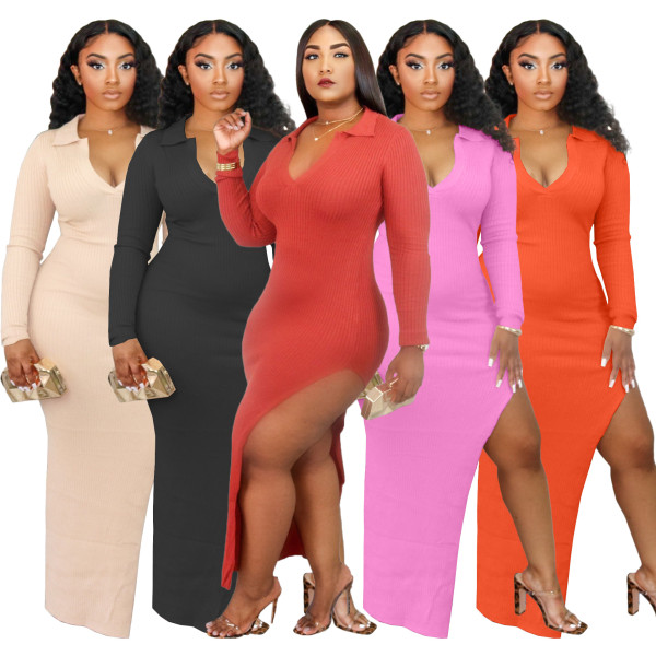 Fashion Womens dress with solid color split ends HHM6349