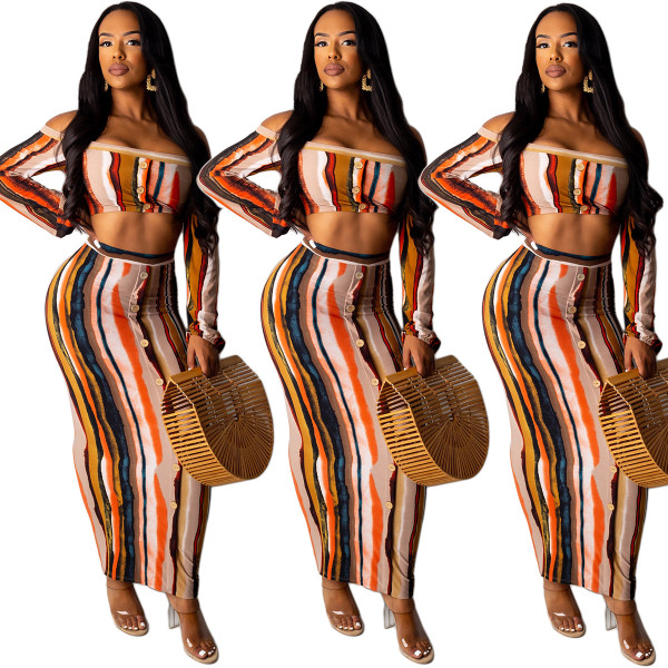 Colorful Bodycon Ladies Suits Off Shoulder Corp Top Long Skirt YY5061