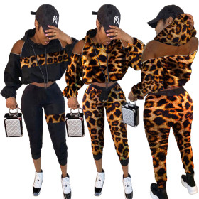Hiking Warm Leopard Printing Splicing Drawstring Hooded Outfits MR228