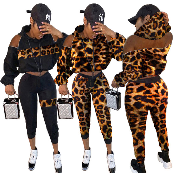 Hiking Warm Leopard Printing Splicing Drawstring Hooded Outfits MR228