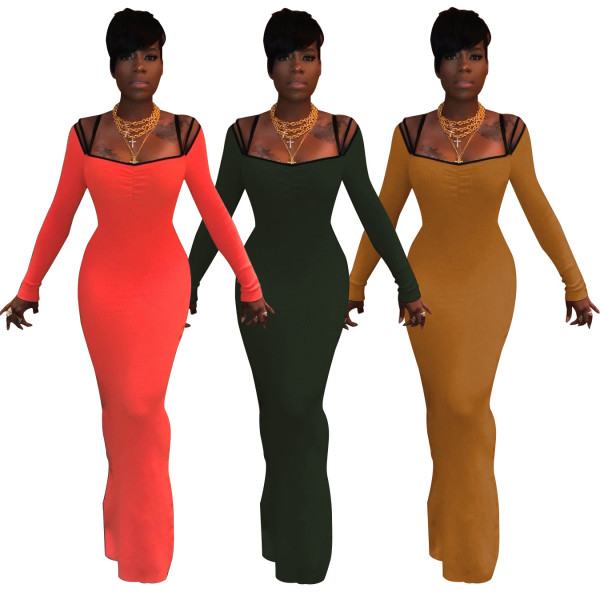 Party Slim Ribber Plain Color Spaghetti Strap Long Dress BS1126