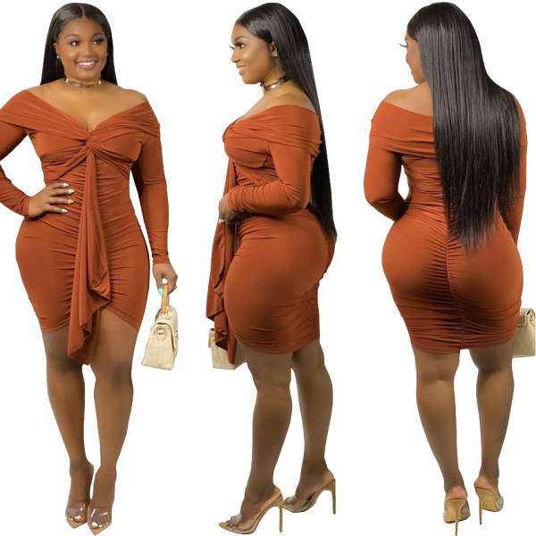 Sexy nightclub style irregular solid color ruffled knotted off-the-shoulder dress YM9193