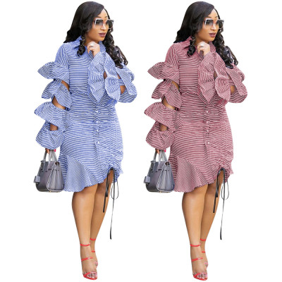 New Design Pleated Fashion Stripe Ruffle Dress OEP5288