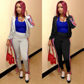 Hot Sale Webbing Patchwork Track Suits Hooded Coat Slinky Pants Q038