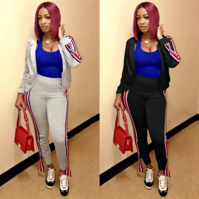 Hot Sale Webbing Patchwork Track Suits Hooded Coat Slinky Pants Q038
