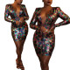 Sequin Winter Female Colorful V Neck Bodycon Dress With Zipper CCY8214