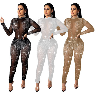 New Women Mesh Perspective Hot Drilling Mock Neck Bodycon Jumpsuit Q407